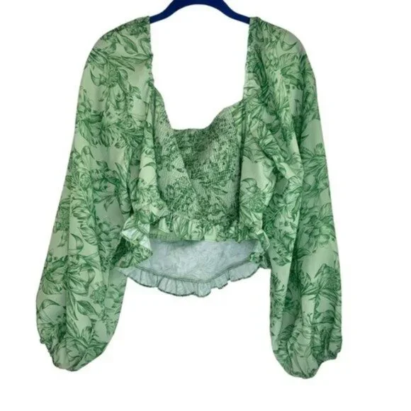 NWT Eloquii Green Floral Cropped Shirt with Long Balloon Sleeves - Picture 6 of 7